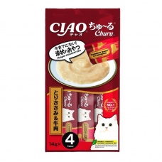 INABA CIAO крем-лакомство для кошек Churu пюре Куриное филе и говядина, 14 г х 4 шт