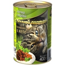 Ночной Охотник консервы для кошек кусочки в желе Телятина и Индейка